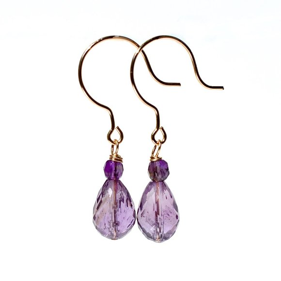 14k Gold Filled Natural Amethyst Tear Drop Dangler/ Earrings - Picture 2 of 3